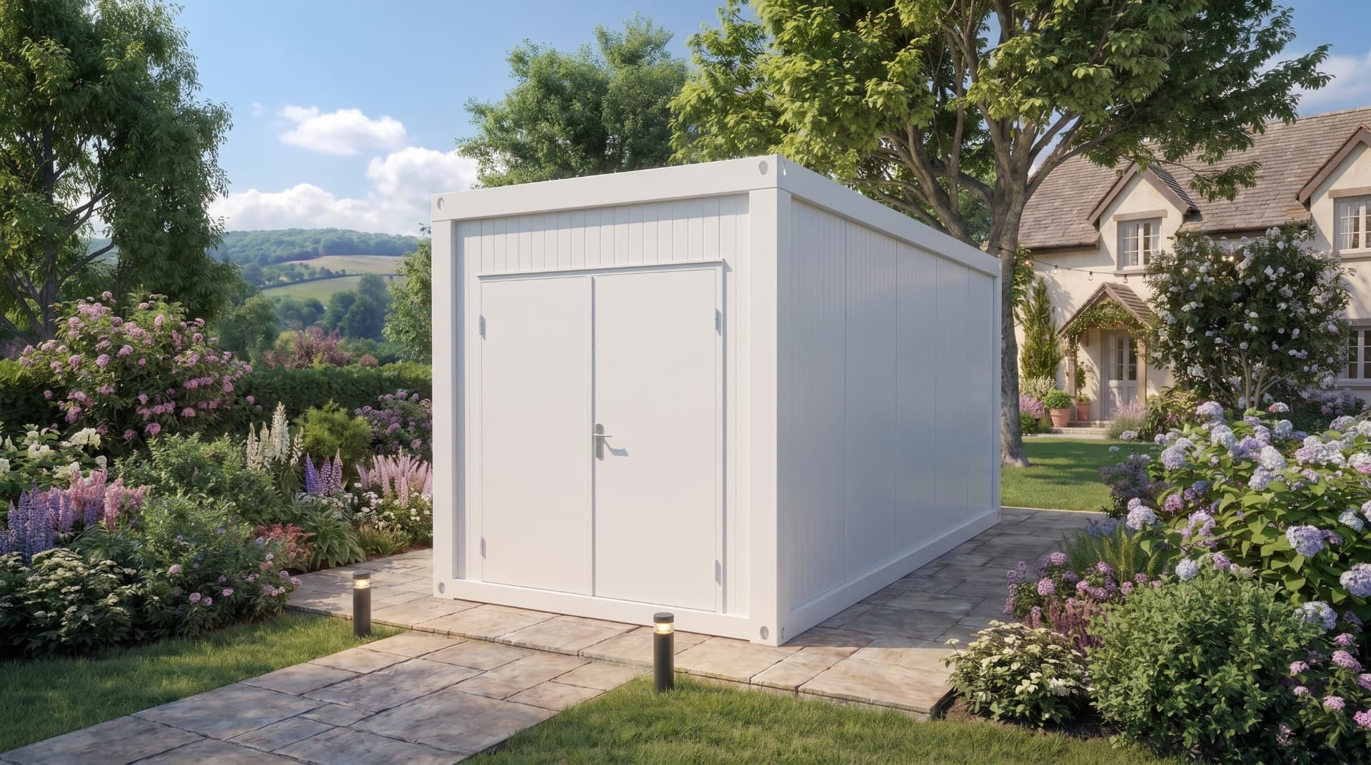 White capsule office pod in a backyard at midday