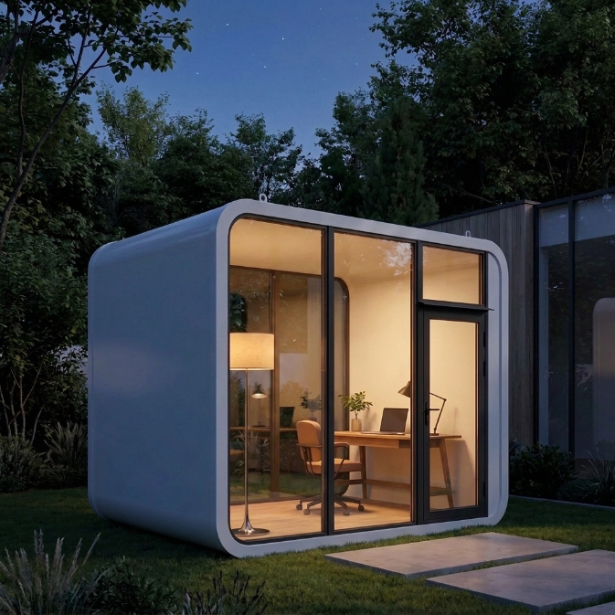 Same office pod at night with warm interior glow