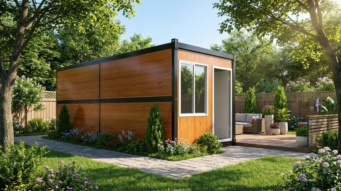 Wood-clad folding storage container in a landscaped backyard