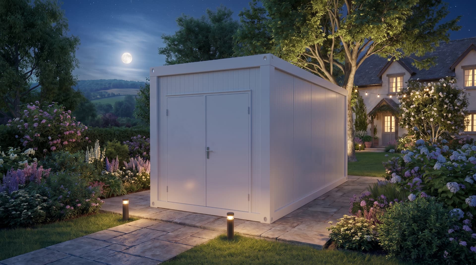 Same office pod at night with warm interior glow