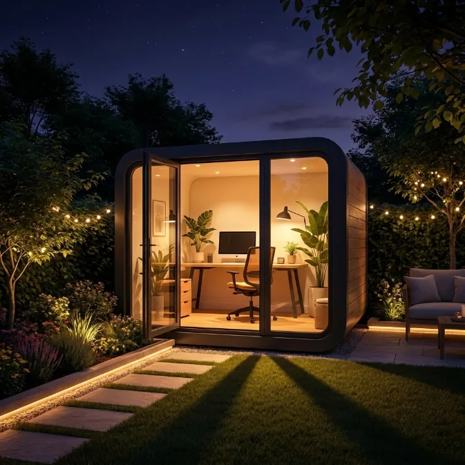 Backyard office pod at dusk