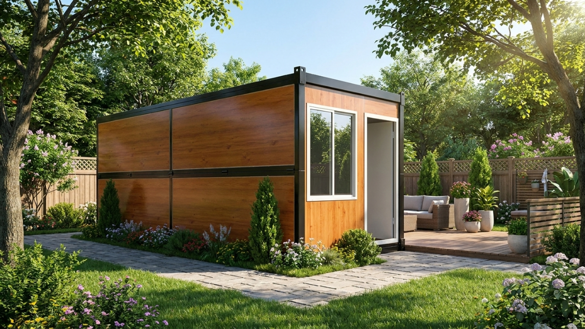 Wood-clad folding storage container in a landscaped backyard