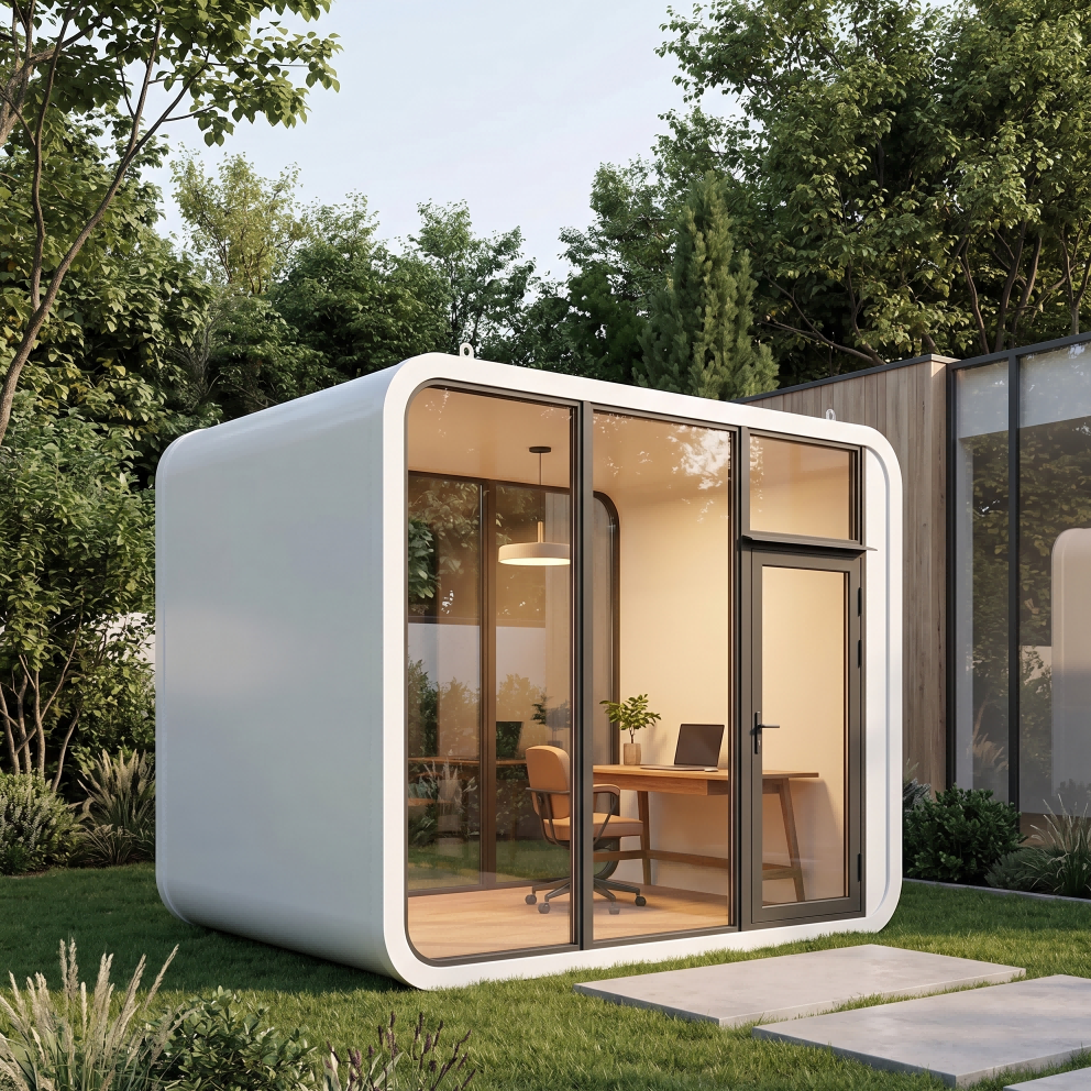 White capsule office pod in a backyard at midday